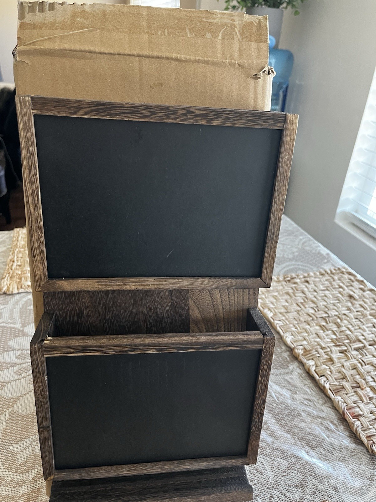 Rustic Wood & Metal Wall-Mount Key Mail Rack, 6 Hooks, 2 Slots, Chalkboards