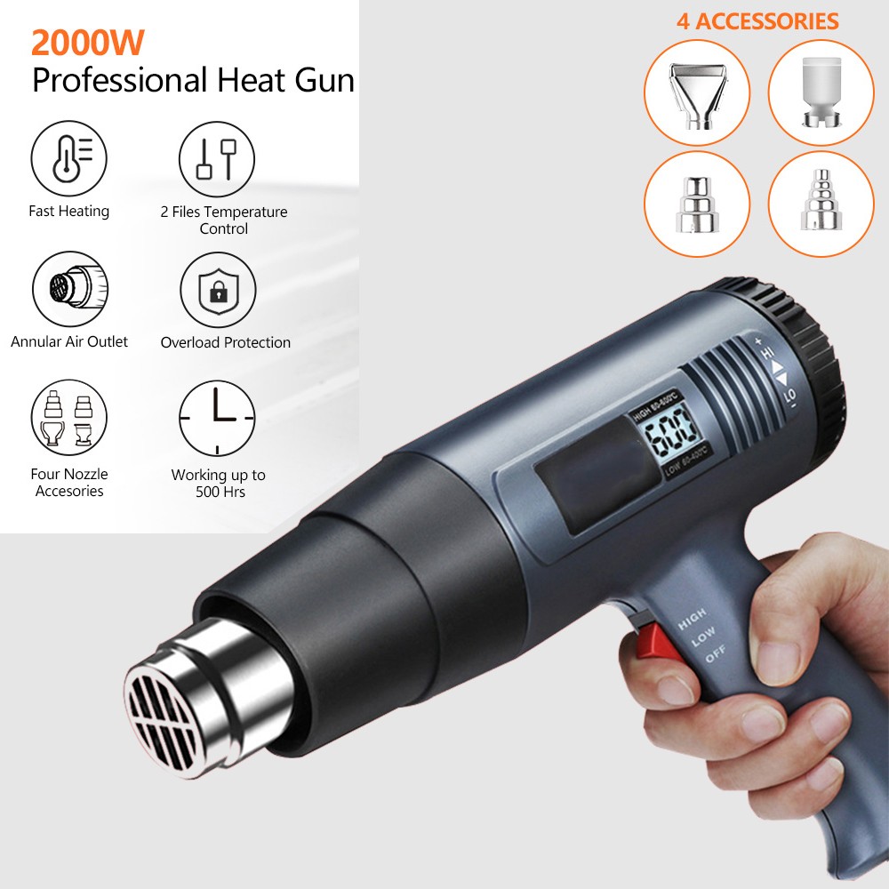 2500W Heat Gun Electric Hot Air Gun Dual Temperature LCD Display 4 Nozzles Tool