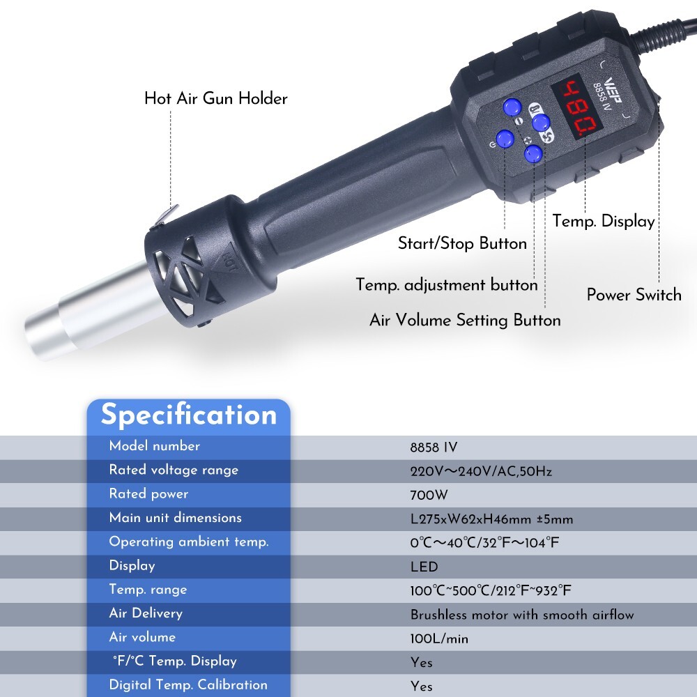 WEP 700W Hot Air Gun Adjustable Temp, Mini Portable Heat Gun & Rework Station