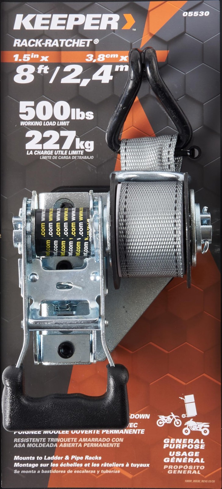 055303 11/2″ X 8 Mountable Rackratchet With 500 Lbs. Working Load Limit And 150