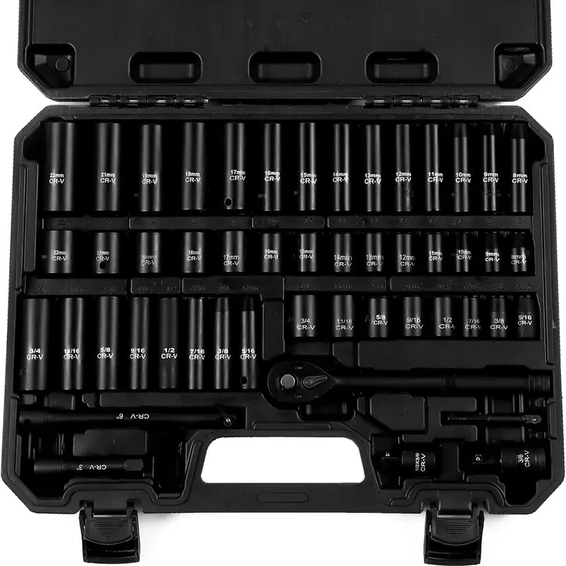 Bourvill 50Pcs 3/8 Drive Impact Socket Set SAE Metric 6 Point Cr-V Steel Case NE