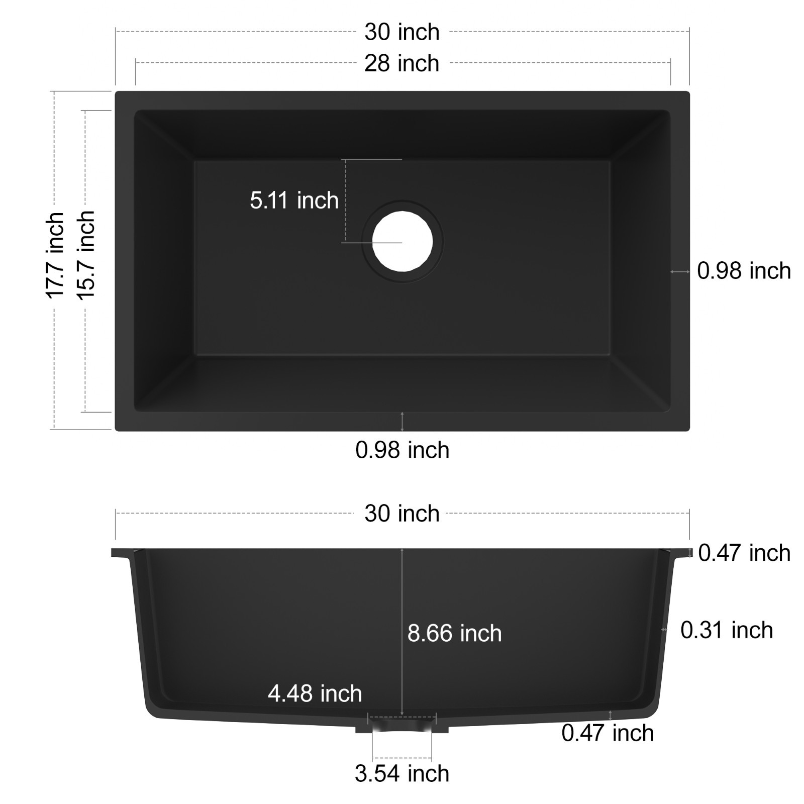 Black 30″ x18″ Large Undermount Kitchen Sink, Single Bowl Granite Composit