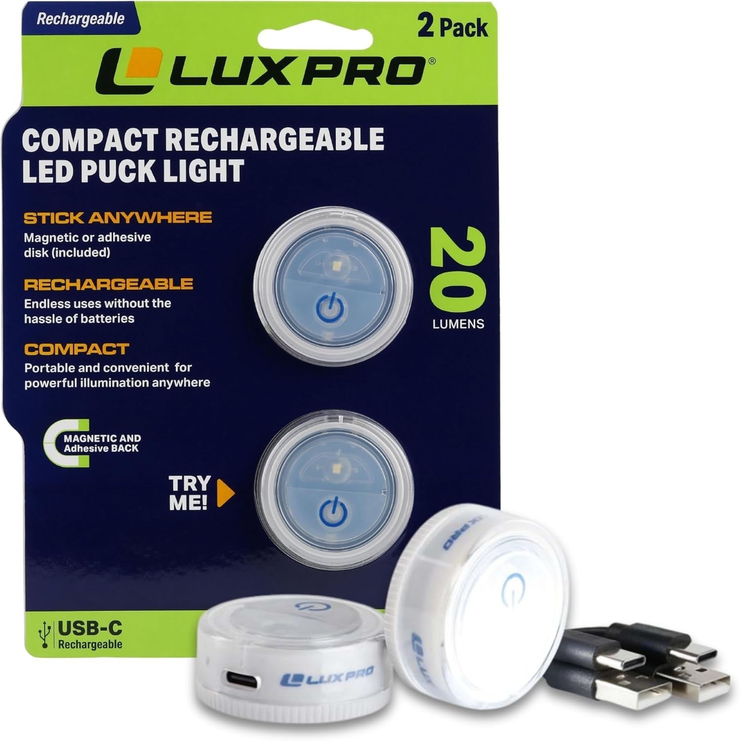 LUXPRO Waterproof Micro LED Rechargeable Puck Lights – Mini Puck Lights – 2 Pack