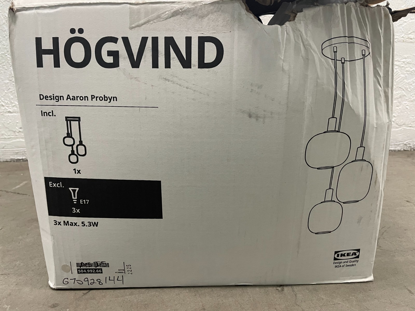 IKEA HOGVIND Gray Pendant Lamp with 3 Lamps 41 cm (16 “) 504.992.66 NIB