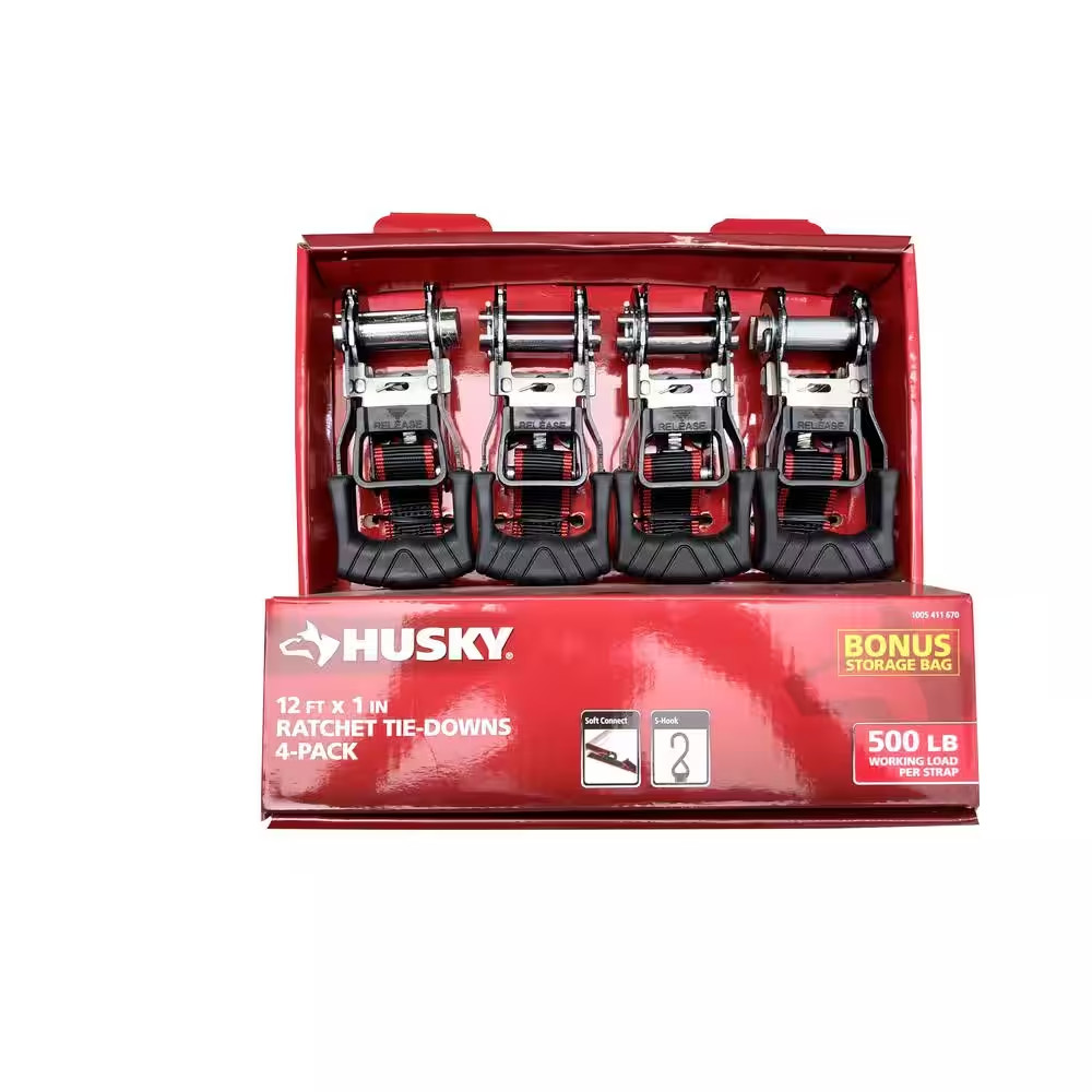12 Ft. X 1 In. Ratchet Tie-Down Straps with S-Hook (4-Pack)