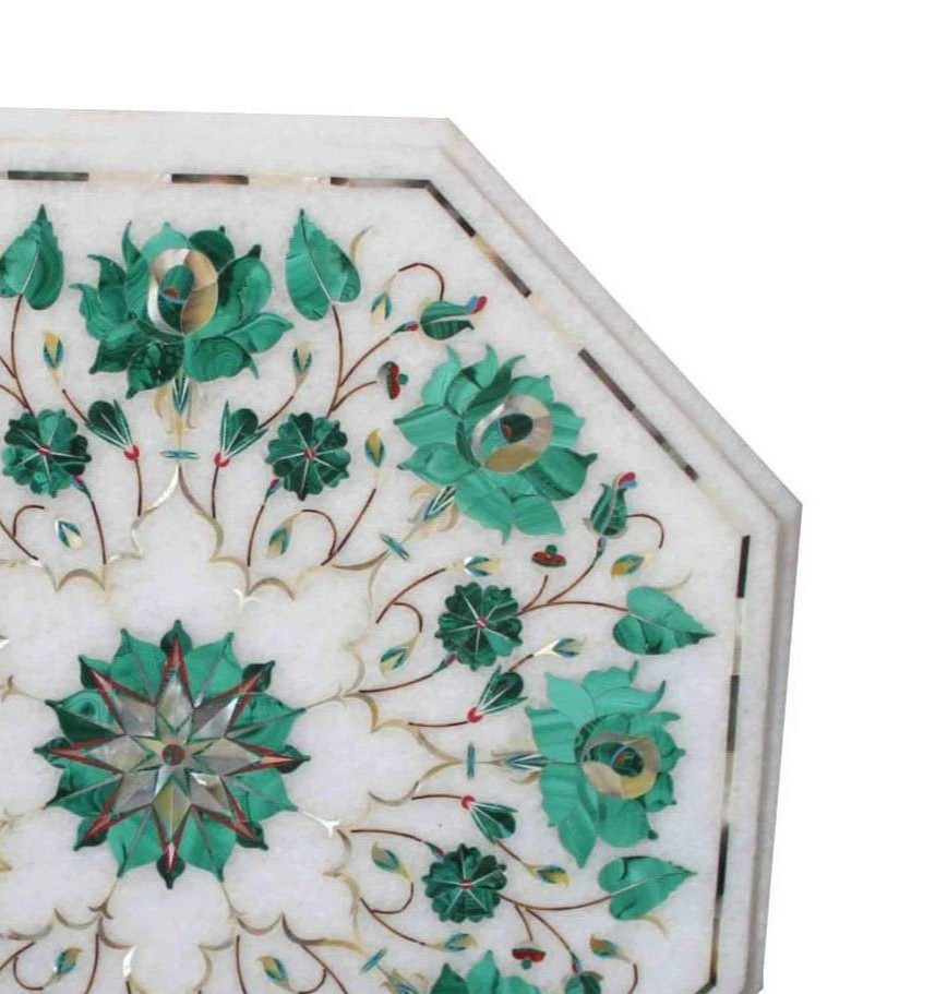 12″ Marble Table top Semi Precious Stones floral malachite inlay home decorative