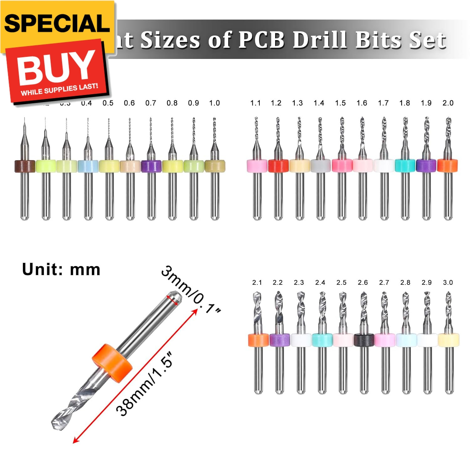 40PCS PCB Drill Bits Set 0.1mm-3.0mm, Micro Spiral Flute Carbide Print Circuit B