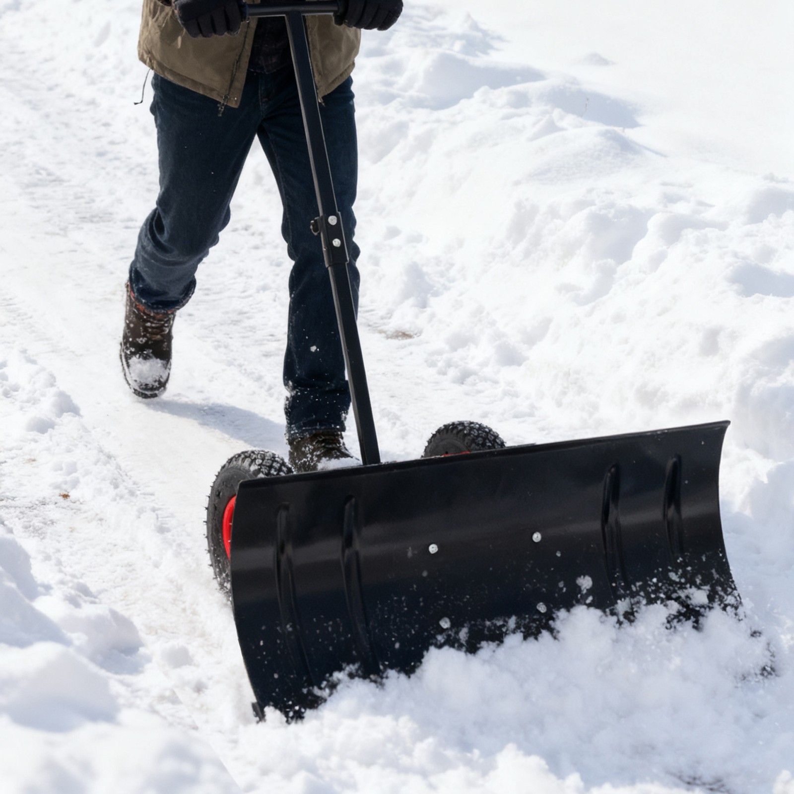 Snow Shovel Pusher w/ Adjustable Handle & Wheels for Driveway Snow Removal New
