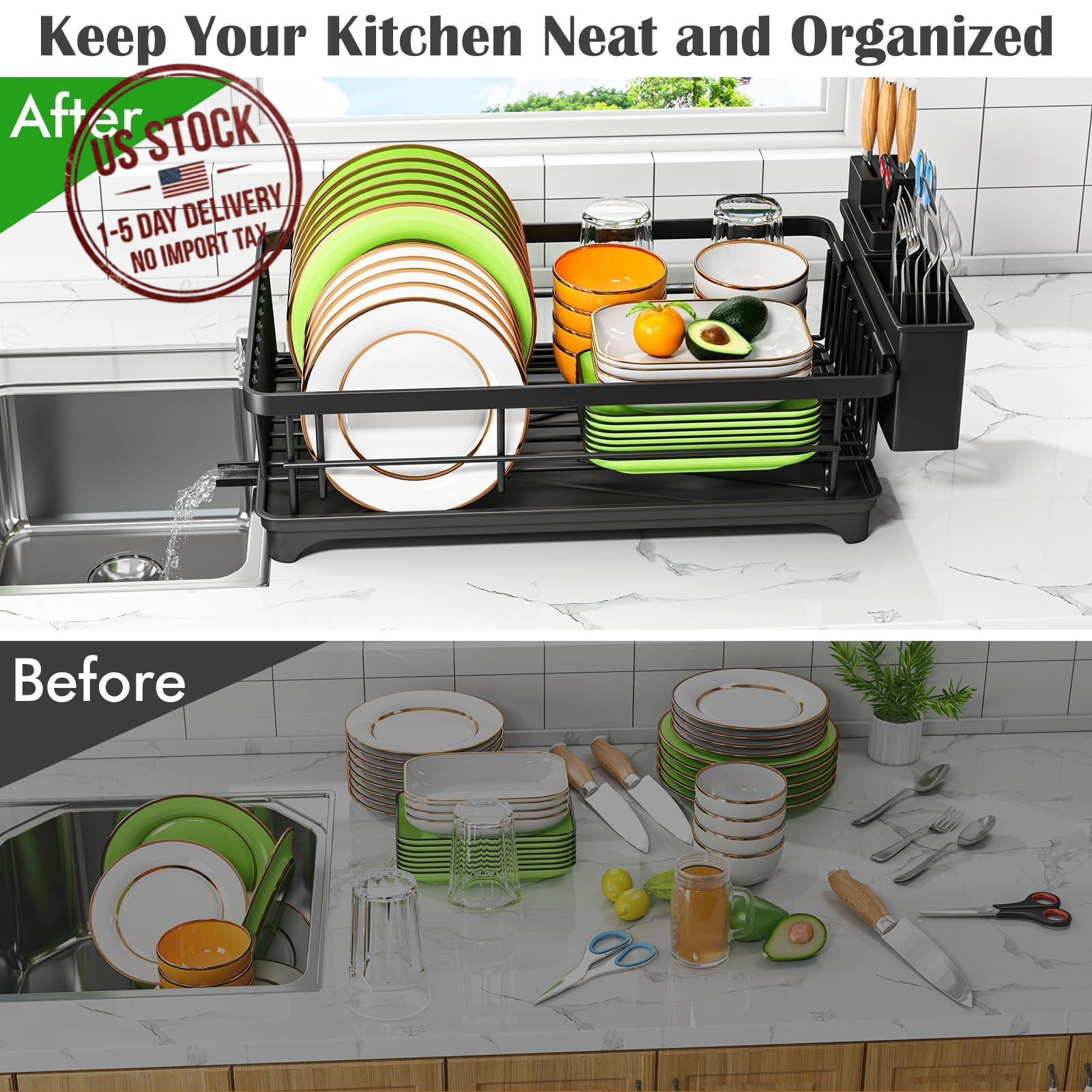 Compact Dish Drying Rack, Rust-Resistant Kitchen Drainer with Utensil Holder