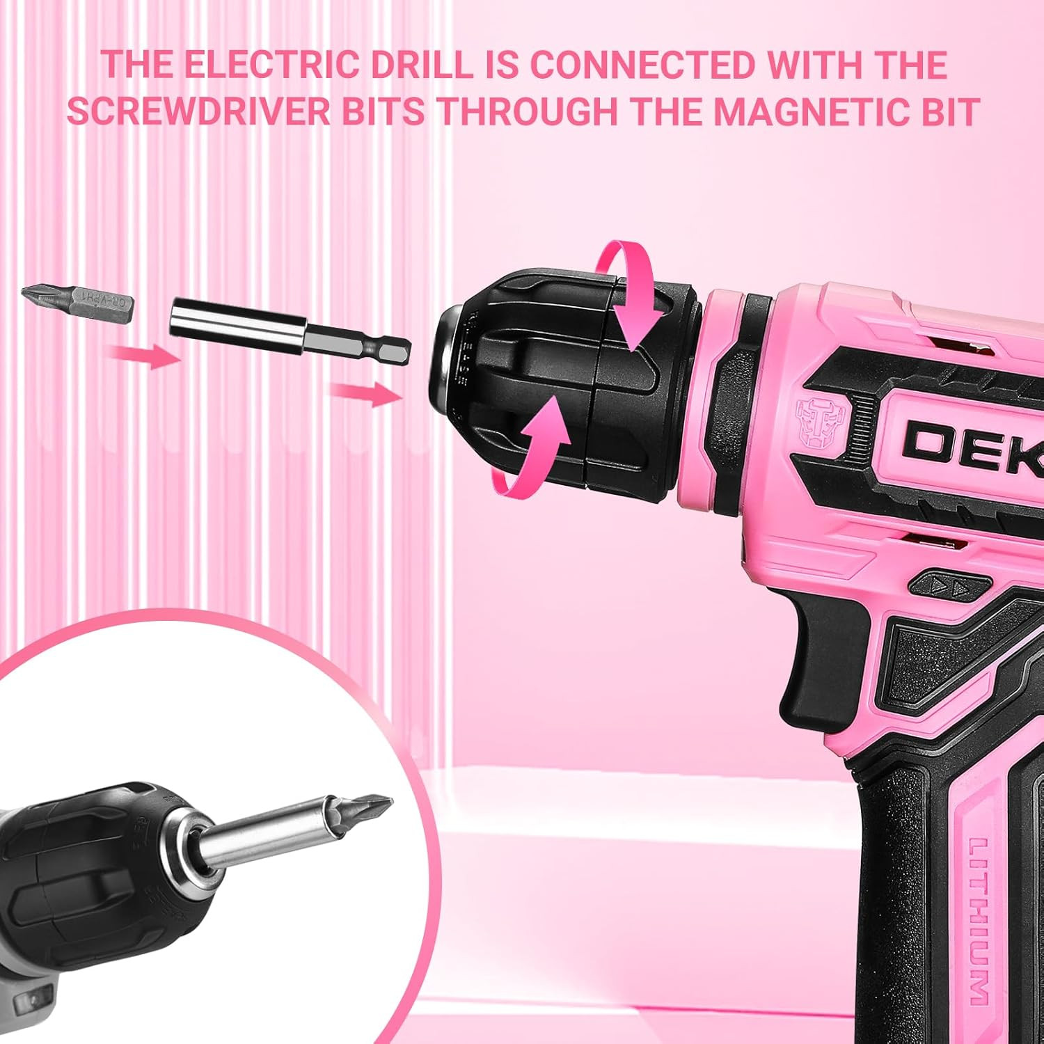 DEKOPRO 12V Cordless Power Drill Set, Pink, 800RPM Electric Drill with Tool Kit