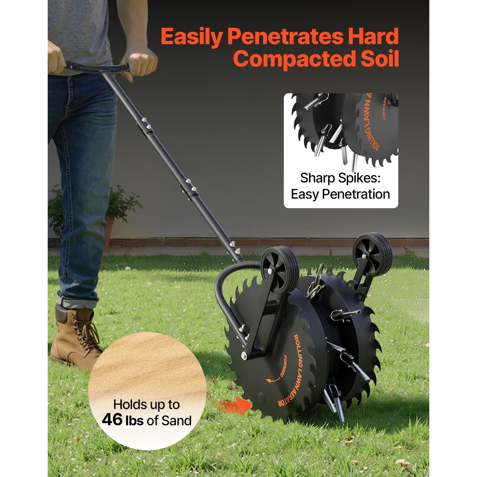 Uimoso 16.6 in Rolling Lawn Core Aerator with Anti-Clog Tines and Coring Roller
