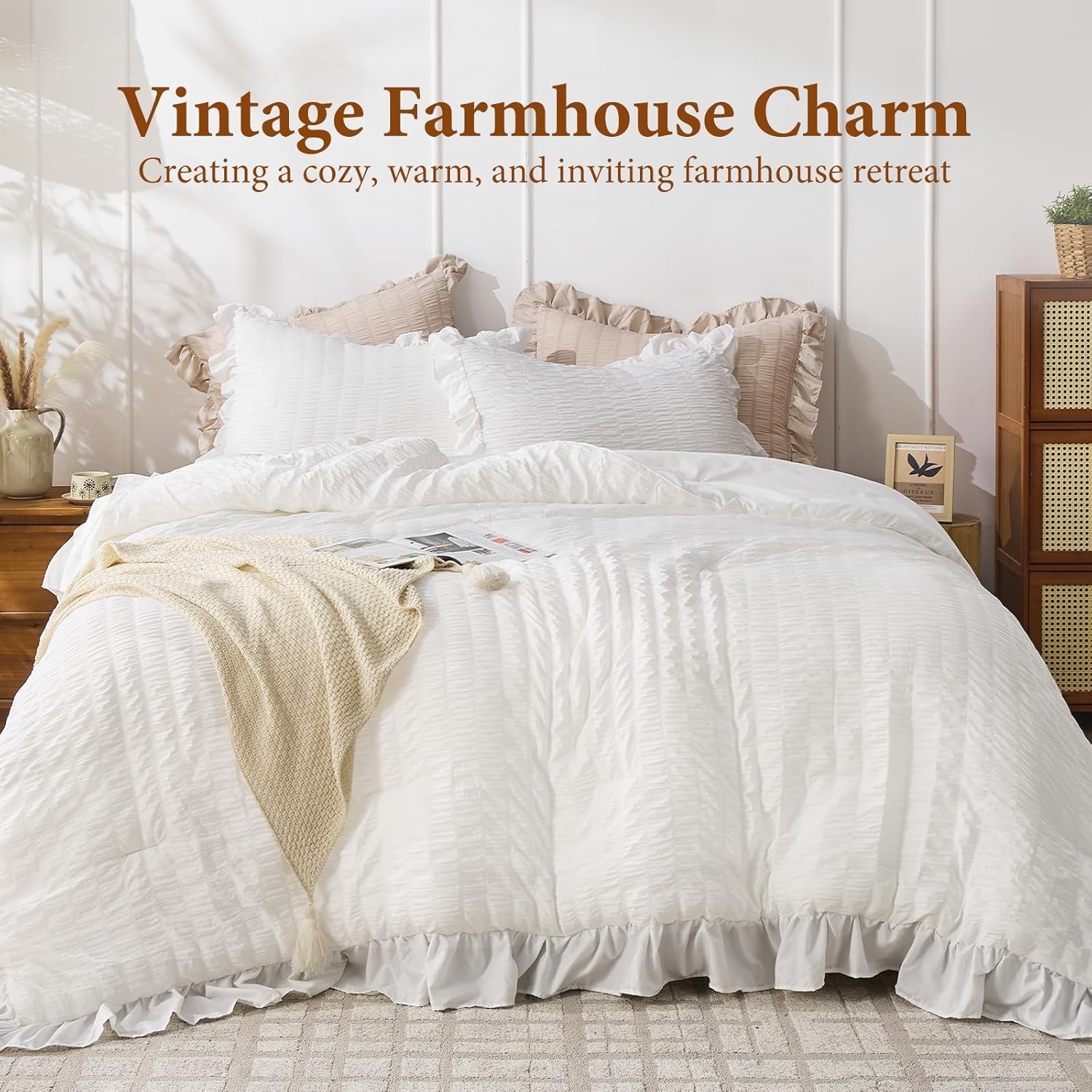 Vintage Style King Comforter Set in White – Soft Ruffle Design for All Seasons