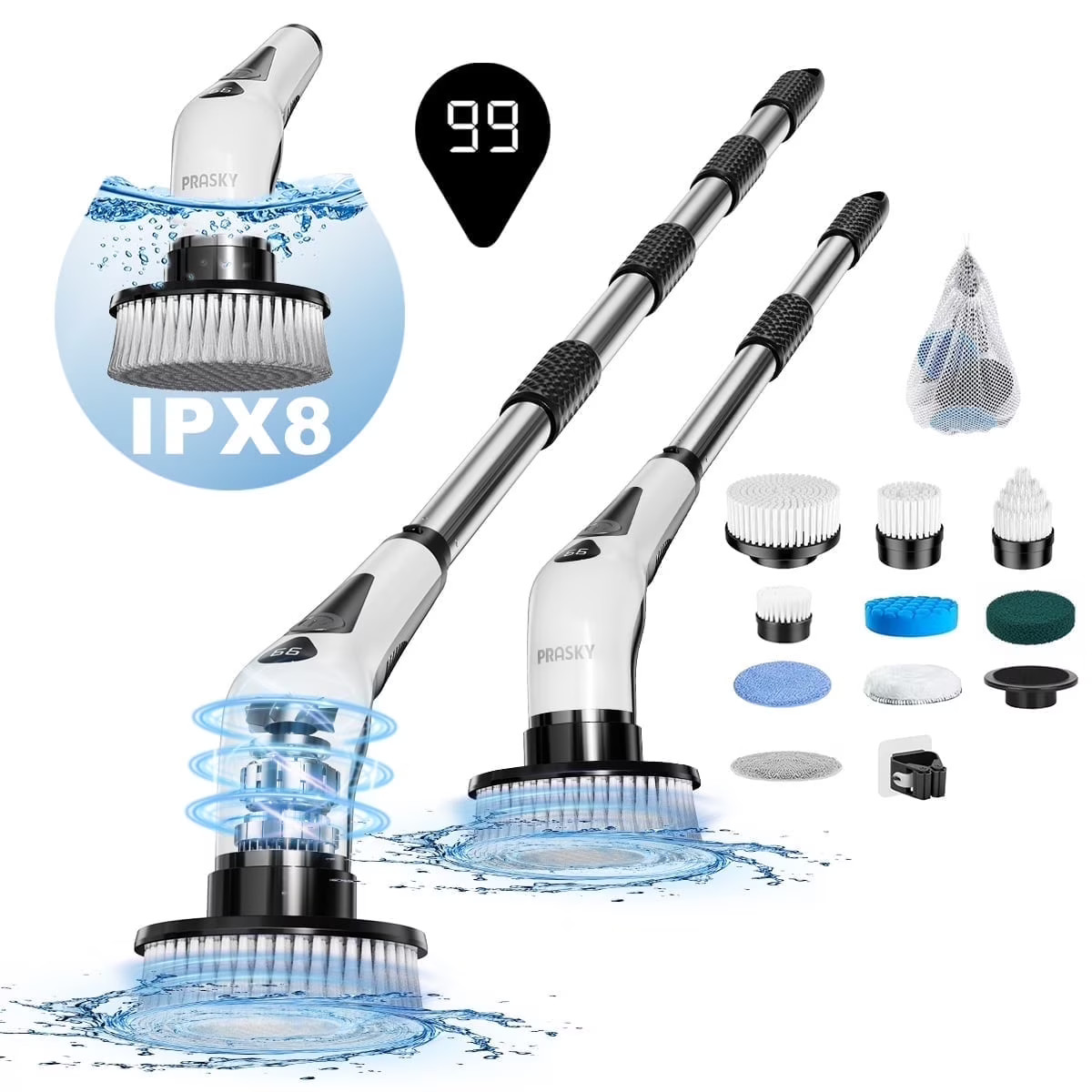 Electric Spin Scrubber Extra Length 9 Brush Heads Retractable Handle IPX8