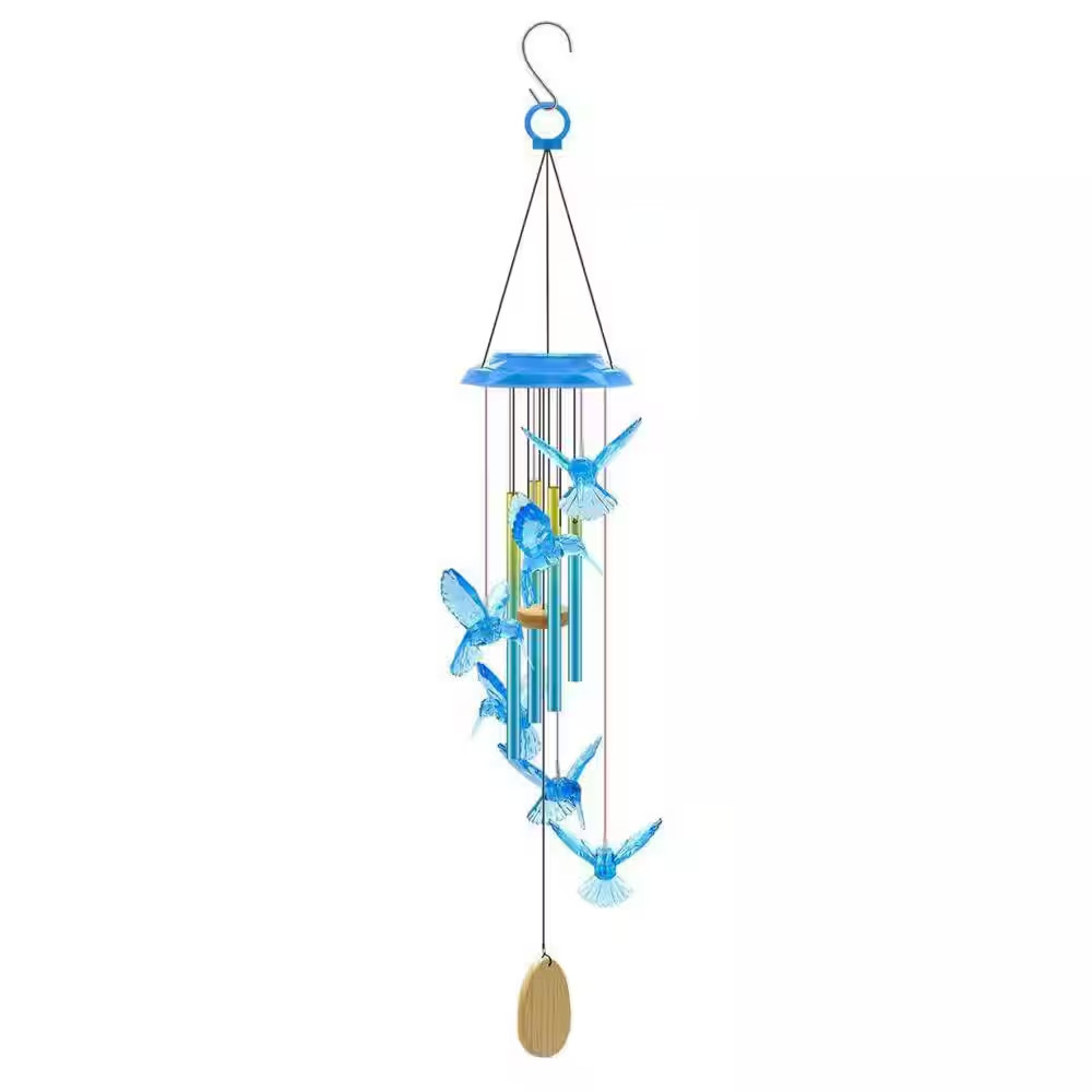 37 In. Blue Hummingbird Solar Wind Chimes for Outside