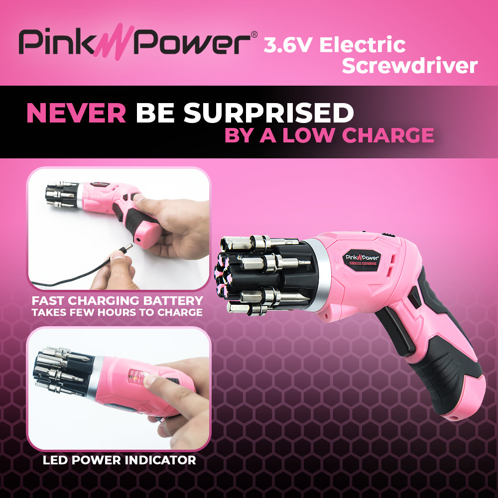 Cordless Electric Screwdriver Set–4V Pink Rechargeable Handy Tool with LED, Bits