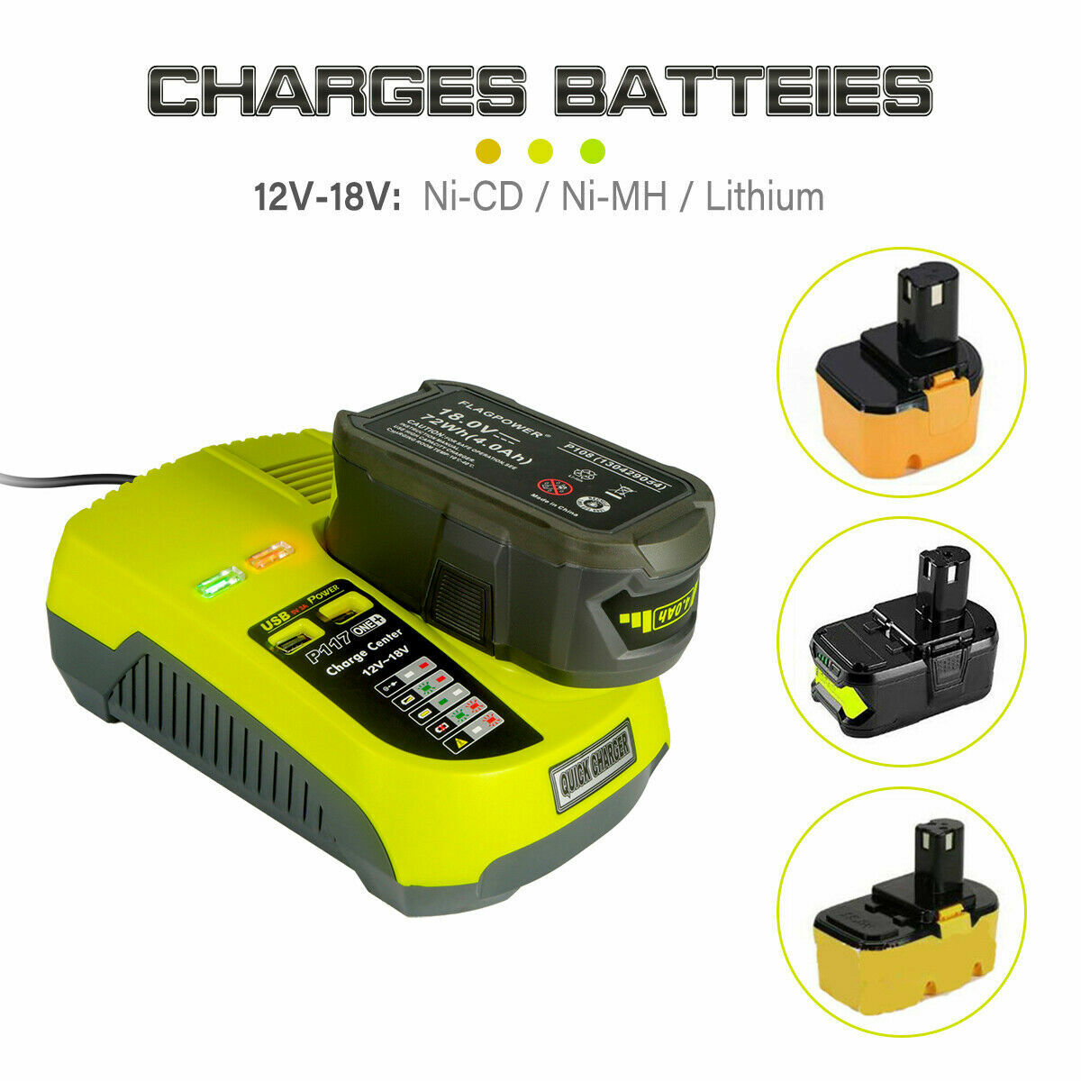 P117 Fast Charger For RYOBI For One+ Plus P108 18V High Capacity Lithium Battery