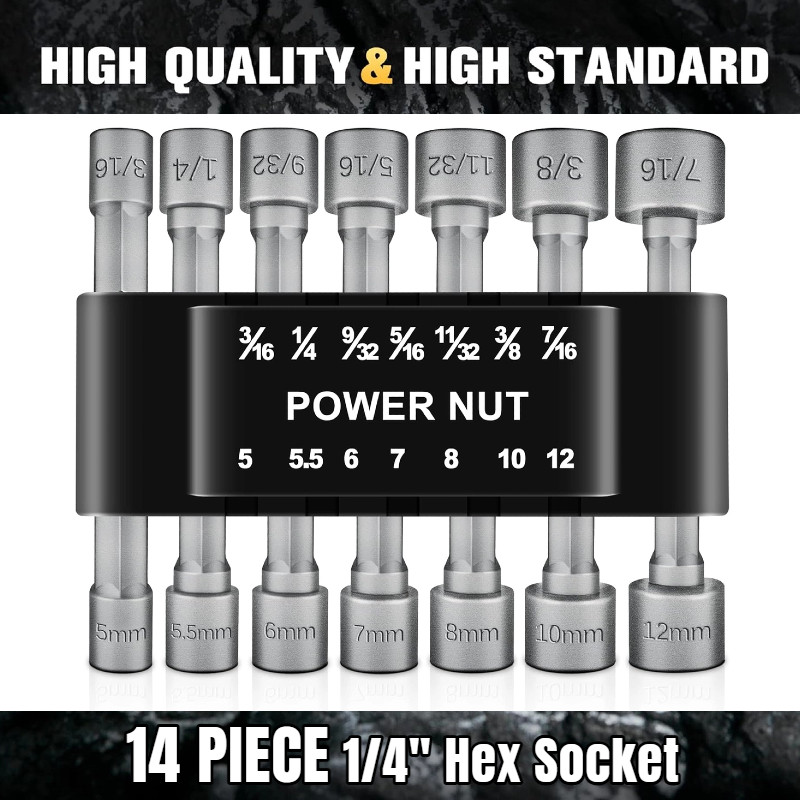 14PC POWER Nut Driver Drill Bit Set Socket Bit Adapter metric & SAE Socket for W