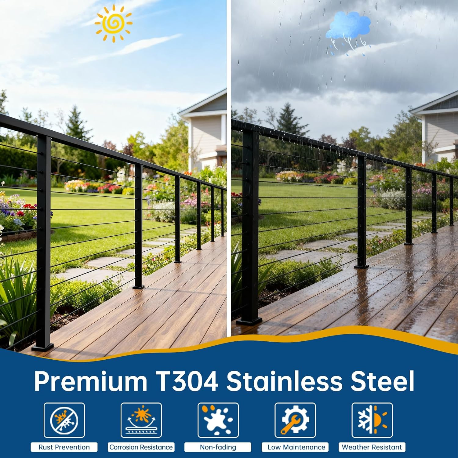 8Ftx2Inx1In Black Cable Railing Handrail 2 Pack, Stainless Steel T304 Rectangula