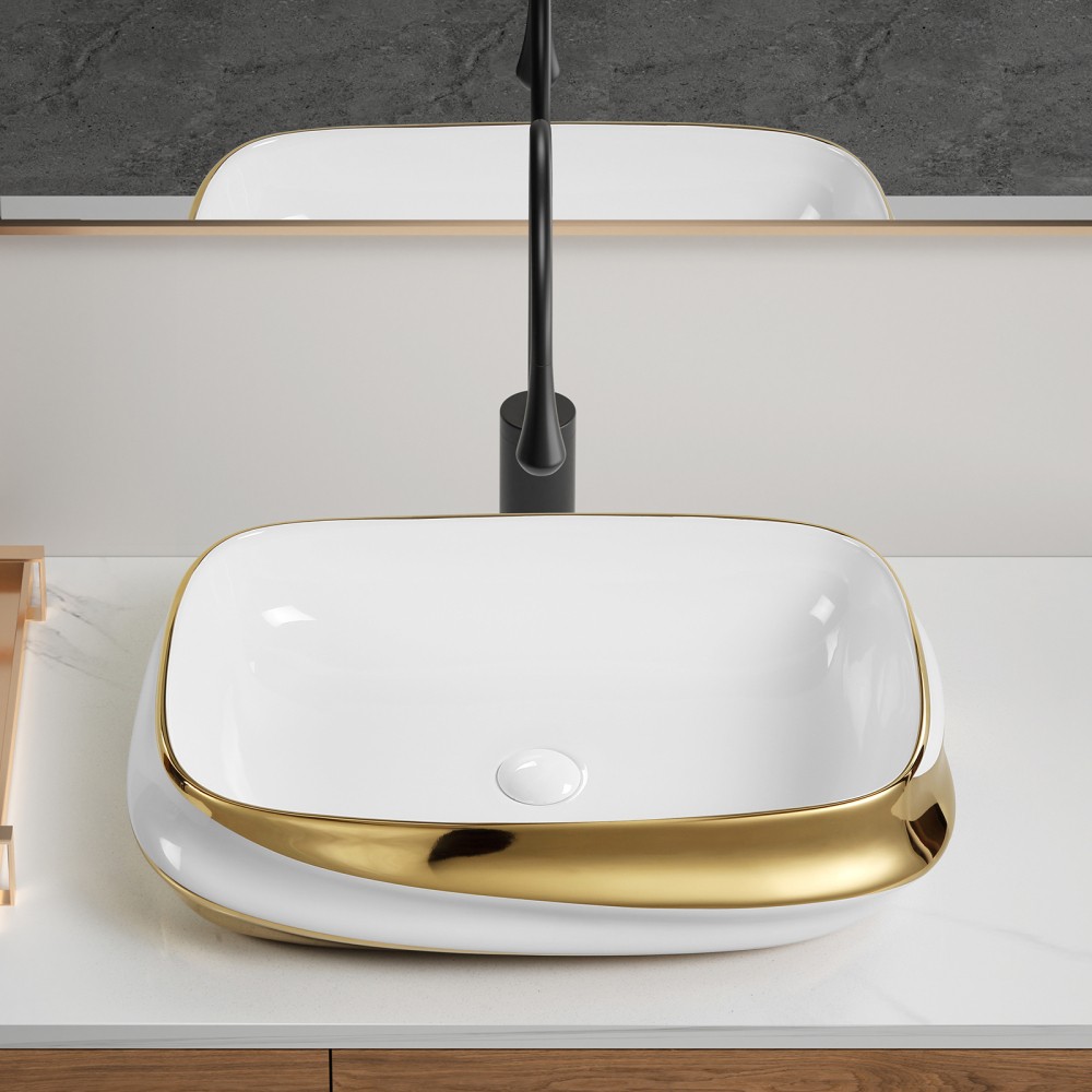 24X17 Ceramic Bathroom Vessel Sink Above Counter Modern Vanity Art Basin Gold