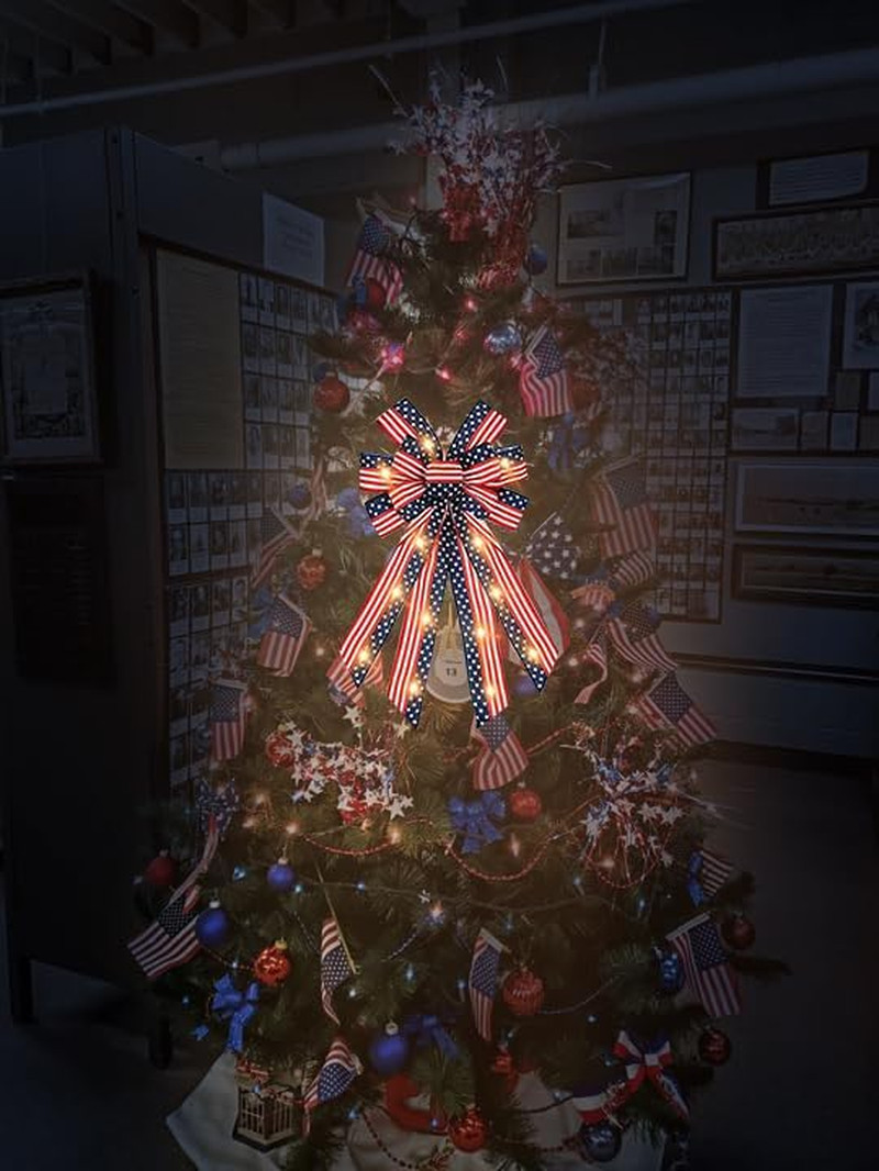 Large LED Patriotic Wreath Bows for Front Door, 4th of July Red Blue White Strip