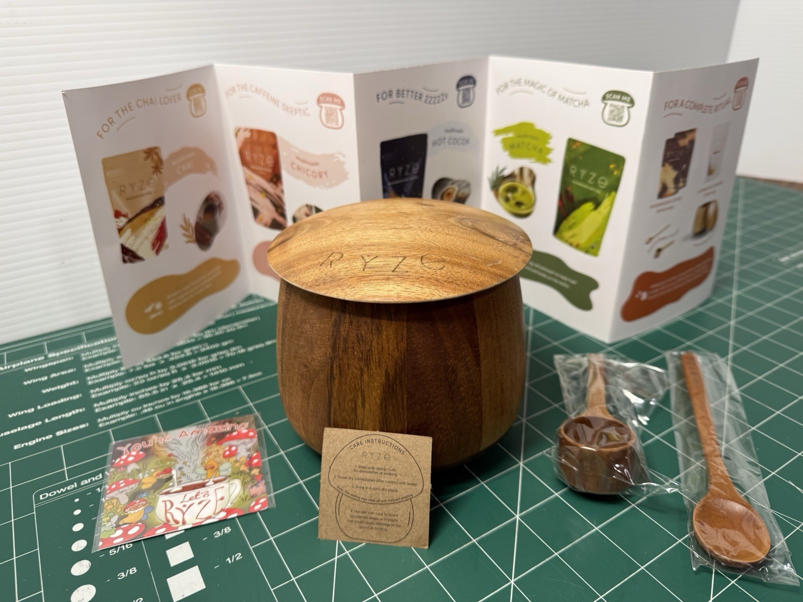 Ryze Mushroom Coffee Wooden Storage Jar Canister with Lid Acacia Wood spoons/mag