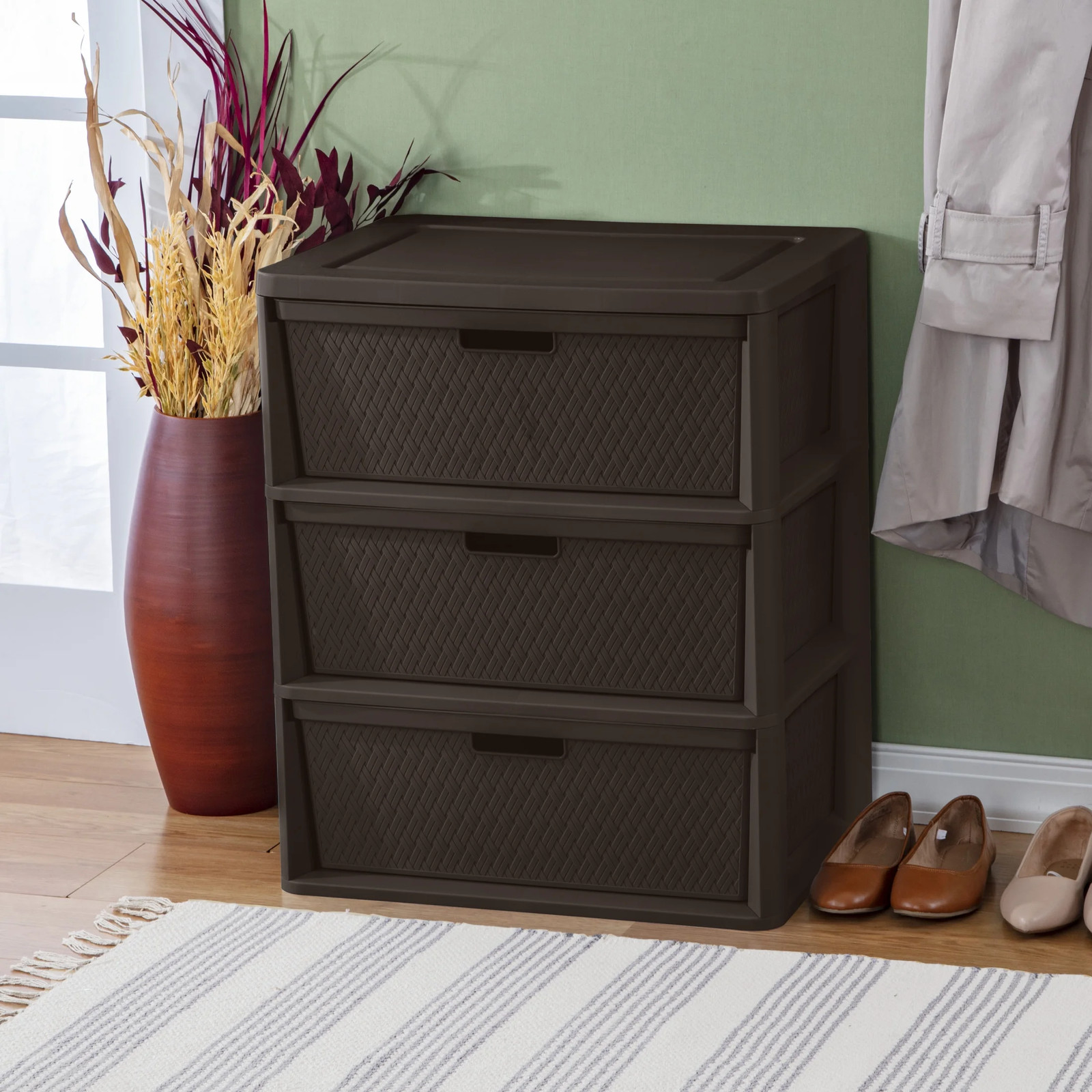 Wide 3 Drawer Tower, Plastic Storage Organizer with Removable Decorative Bins, E