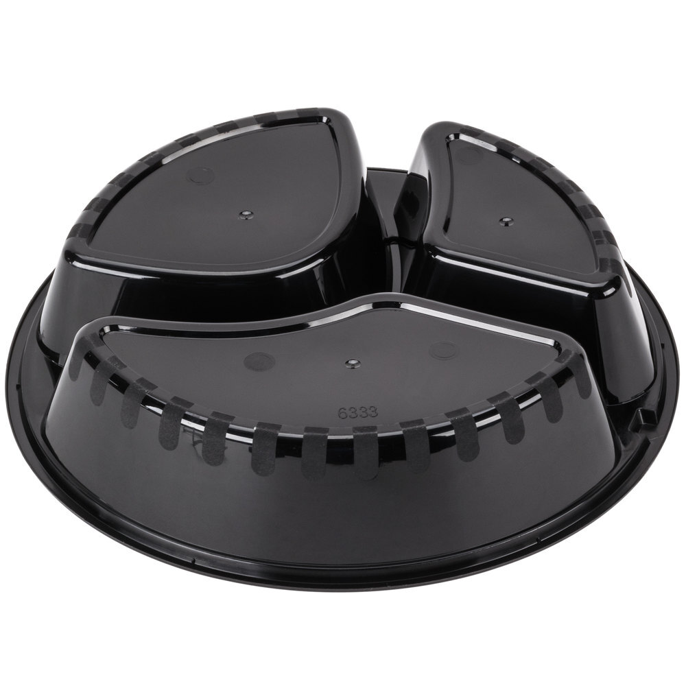 48oz Black Round 3 Compartments Plastic Meal Prep Containers With Clear Dome Lid