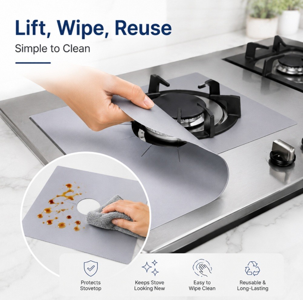4 Reusable Non-Stick Gas Range Stove Top Burner Protectors – Easy Clean Liners