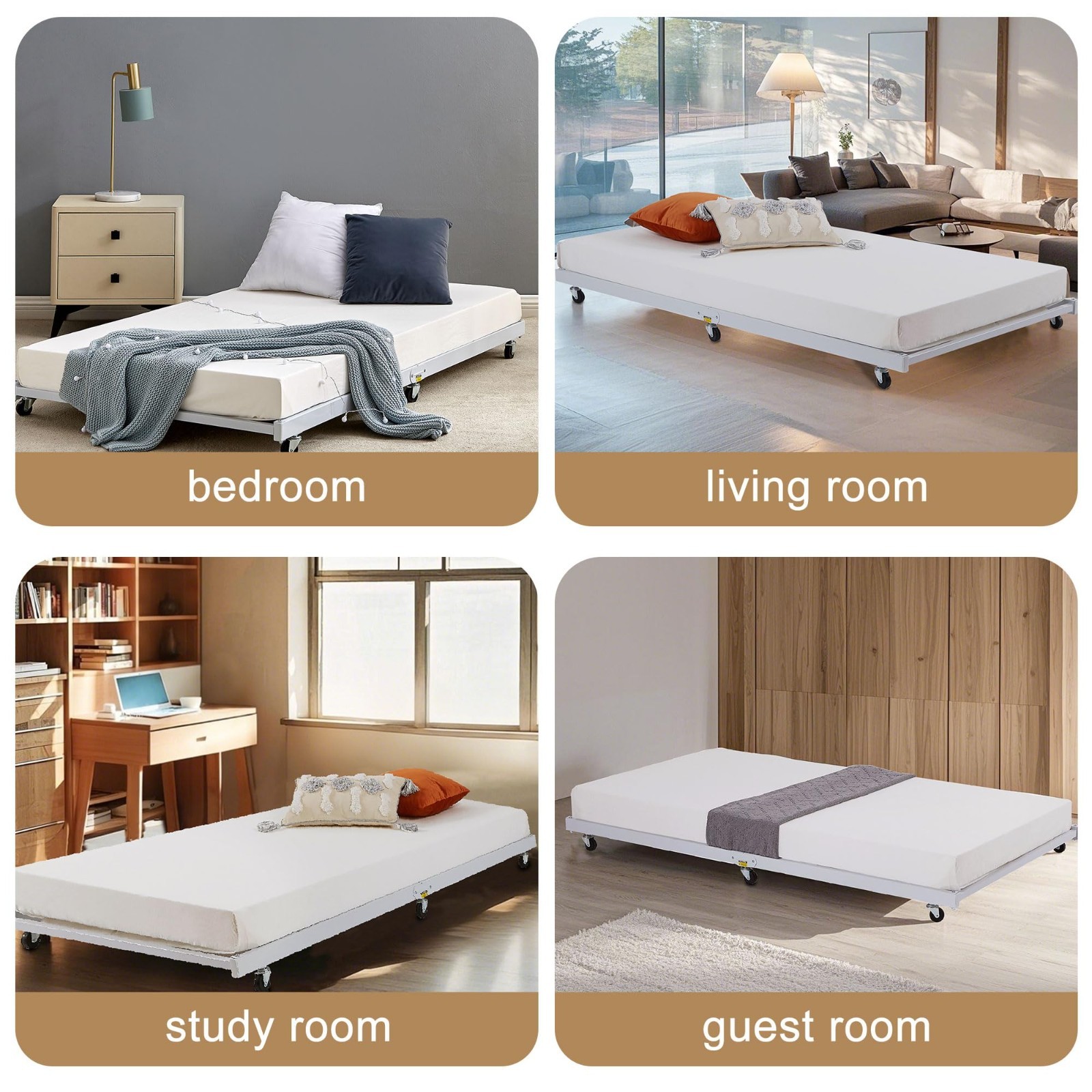 Twin Trundle Bed Frame with Roll-Out Feature, Metal Slats & Lockable Casters, Wh