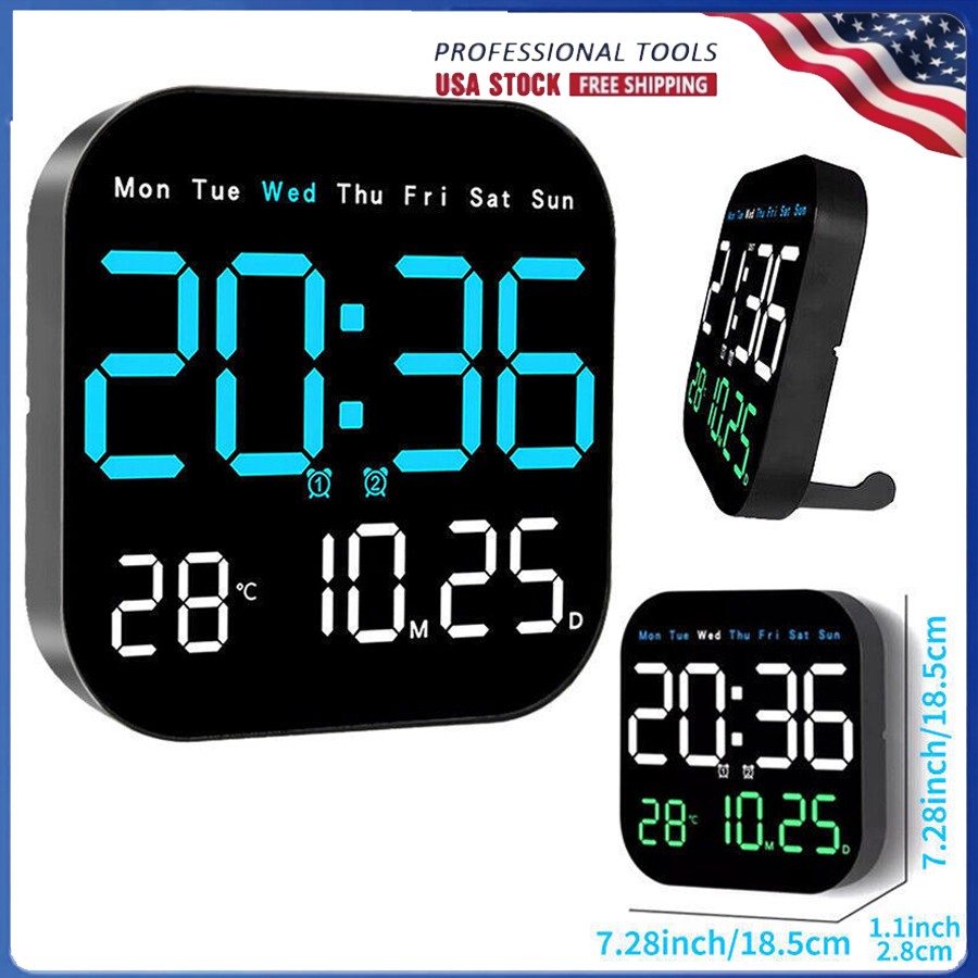 Wall Clock Remote Control Temperature Date Week Display Adjust LED Large Digital