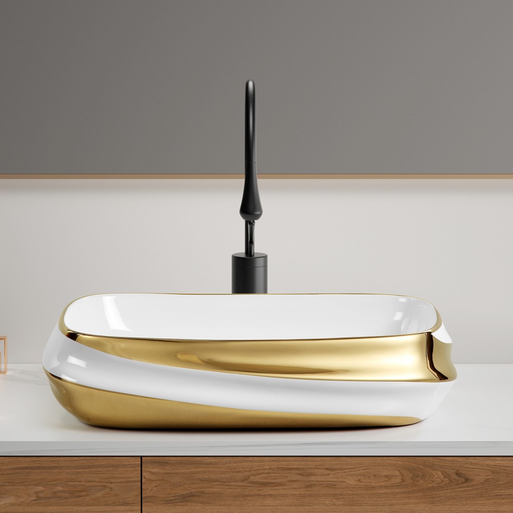 24X17 Ceramic Bathroom Vessel Sink Above Counter Modern Vanity Art Basin Gold