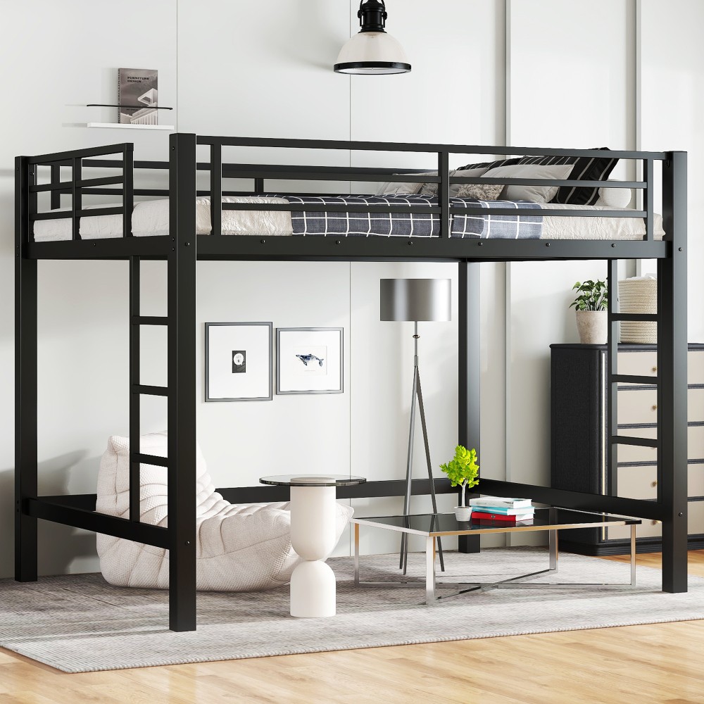 Full Queen Metal Loft Bed Frame with Safety Guardrails & Ladder for Teens Adults