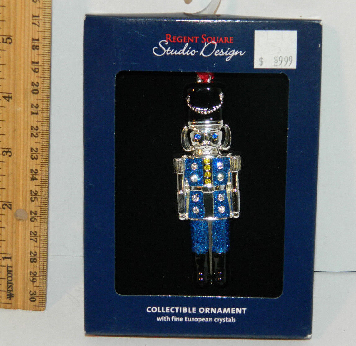 Shiny Silver Plated Blue Nutcracker christmas tree Ornament w Crystals holiday