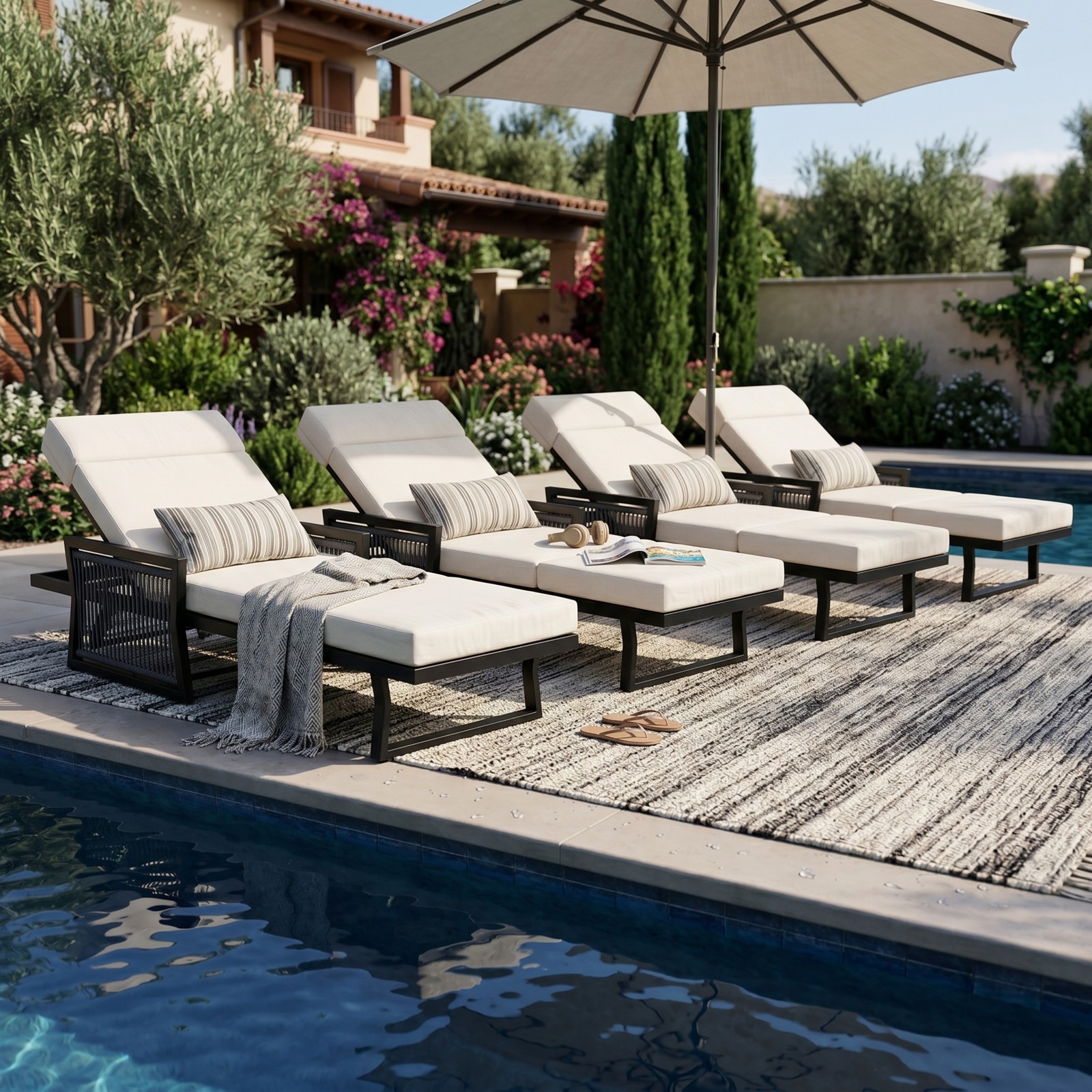 All-Black Chaise Lounge with 4″ Thick Beige Cushion, 400 lbs Capacity