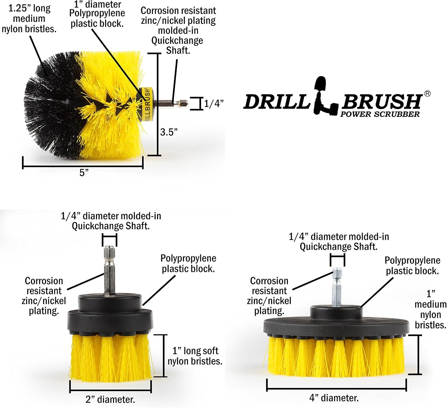 Drillbrush Drill Brush Attachment Set for Bathroom, Tile & Grout Cleaning | Powe