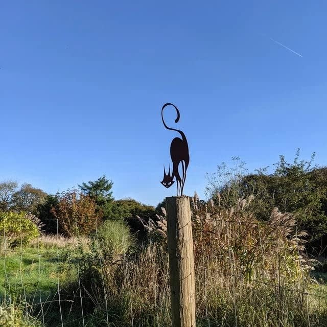 Retro Rusty Metal Cat Fence Topper Decor Outdoor Yard Signs Decoration Metal Cat