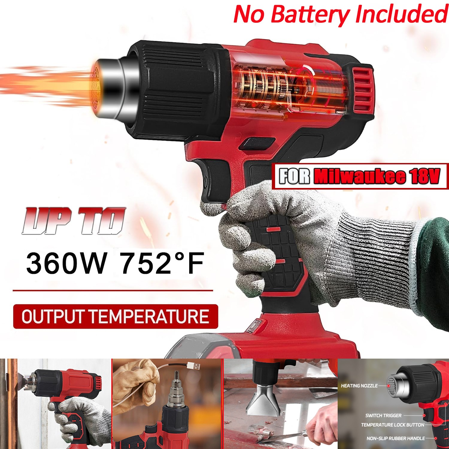 Portable Cordless Heat Gun for Milwaukee 18V Battery Hot Air Gun With 4 Nozzles