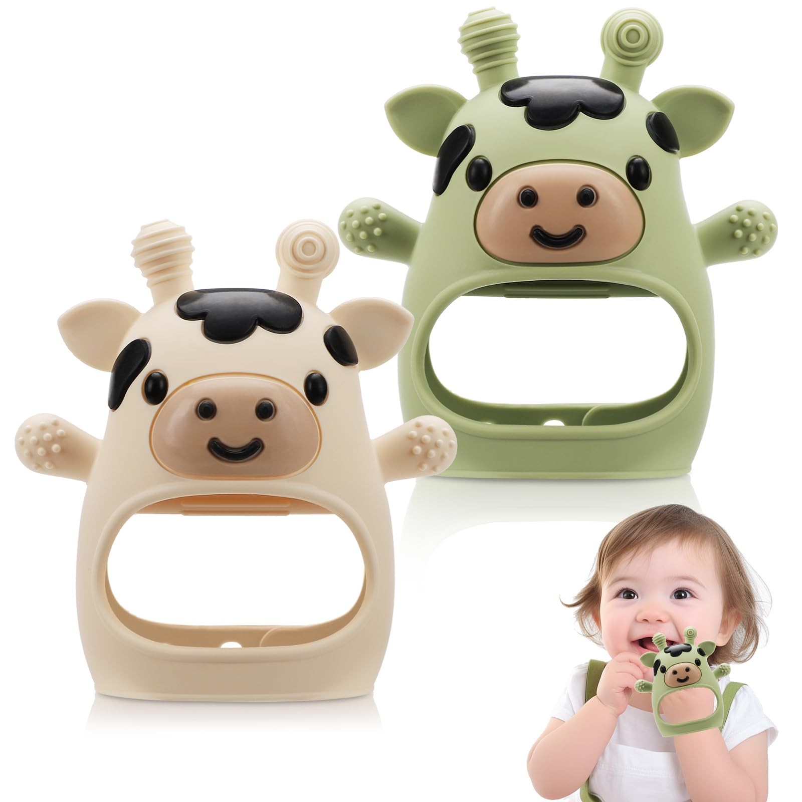 2 Pack Baby Teething Toys for 3-6 6-12 Months, Food Grade Silicone Teether Mitte