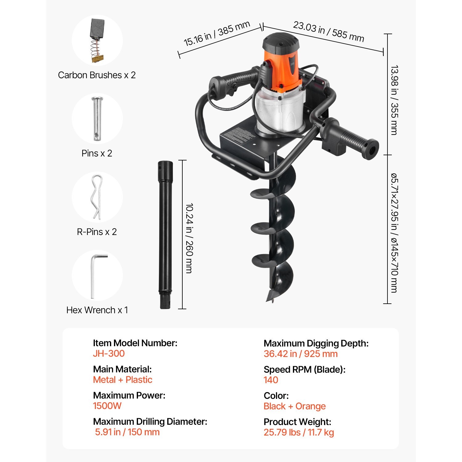 1500W Electric Post Hole Digger 5.71″ Earth Auger Bit+Extension Rod Quick Digger