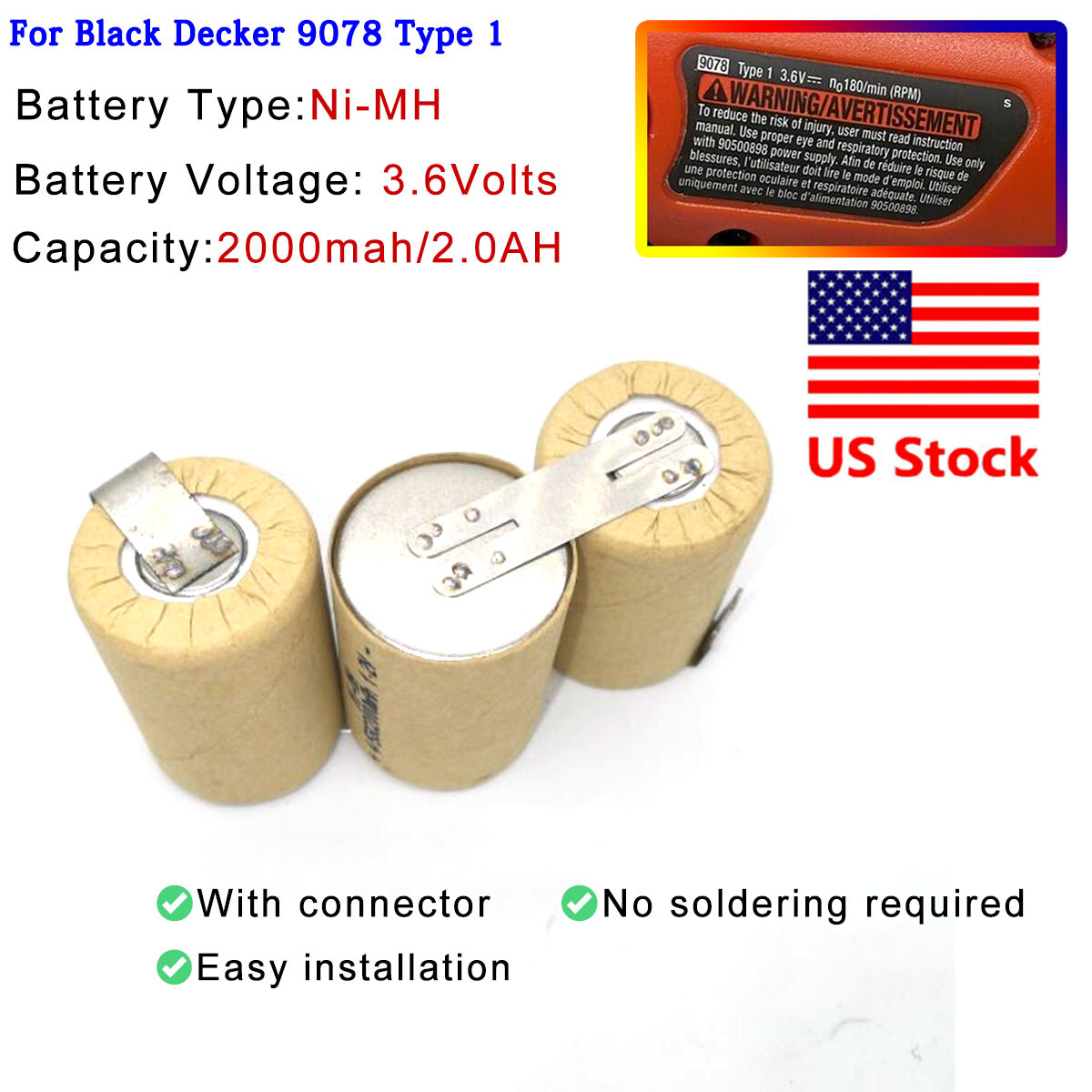 Battery Pack for Black Decker 3.6V Battery 9078 Type 1 Part 5102057-00
