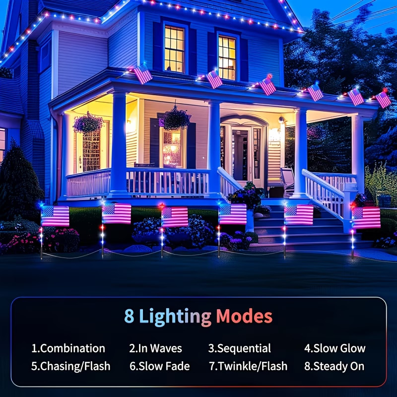 8Pcs Solar American Flag Lights Set for 4th of July Decoration Yard Garden Decor
