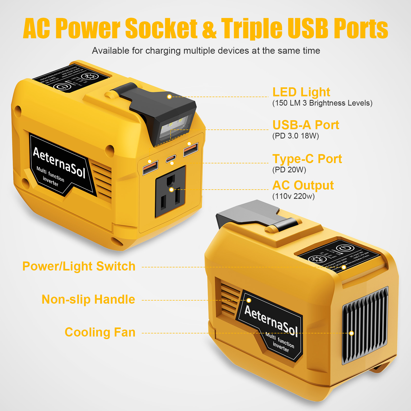 250W Power Inverter For Dewalt Battery 20V 110V 3 USB Outlet Portable Camping
