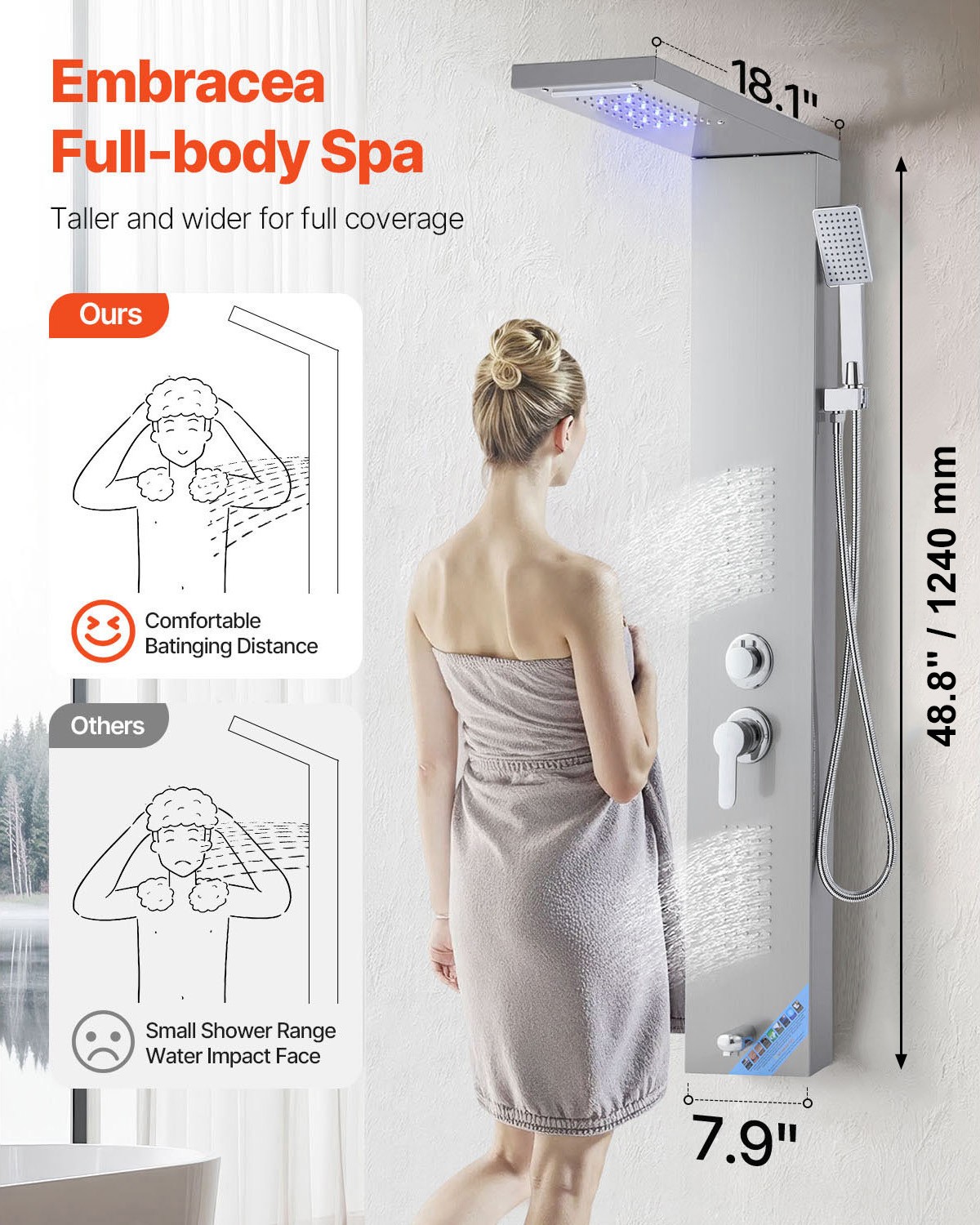 VEVOR Shower Panel Tower System Stainless Steel Column Rainfall Waterfall Head