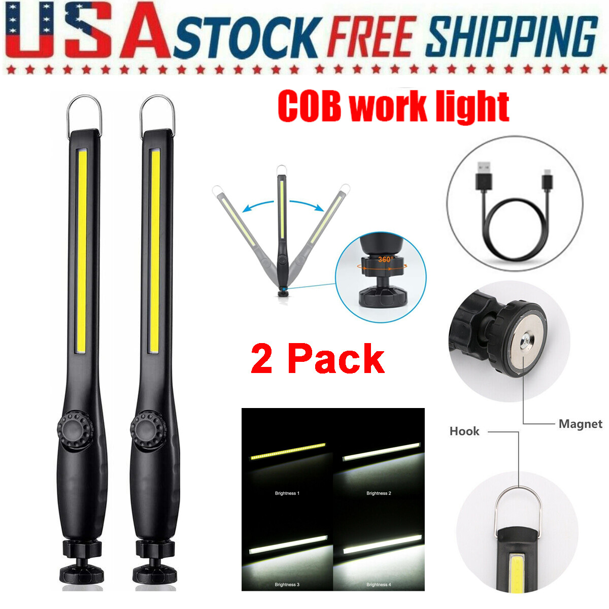 2pcs Rechargeable LED Slim Work Light Mechanic Flashlight Lamp Bar Camping Torch