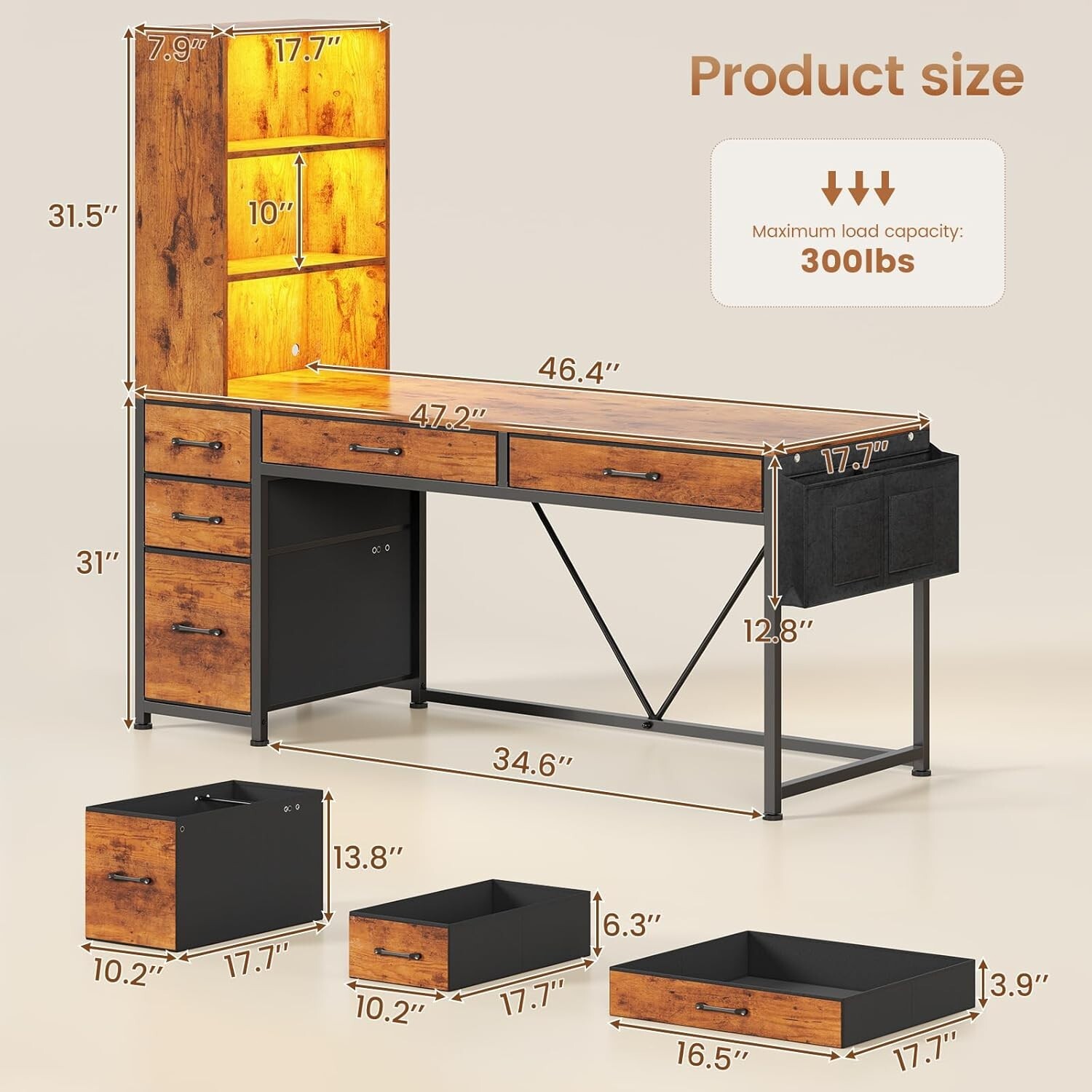 Computer Desk with 5 Drawers&Bookshelf, Reversible Home Office Desk w/LED Lights