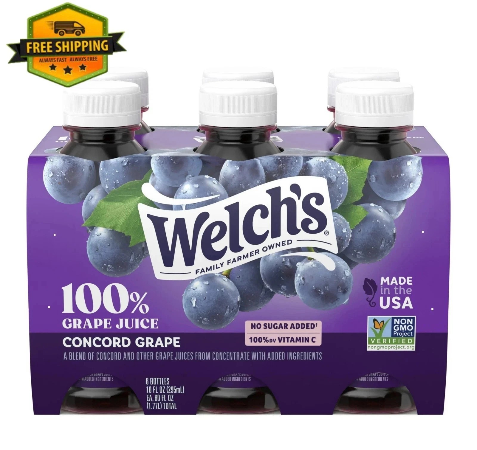 Pack of 6 Welch’s 100% Concord Grape Juice, 10 fl oz Portable Bottles