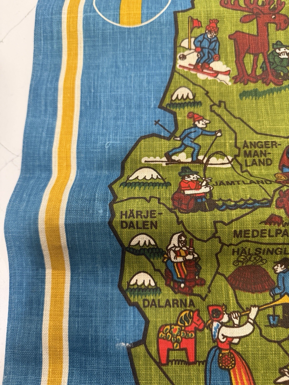 Vintage 1970s Kalle Berglund Sweden Illustrated Fabric Map Wall Hanging Tapestry