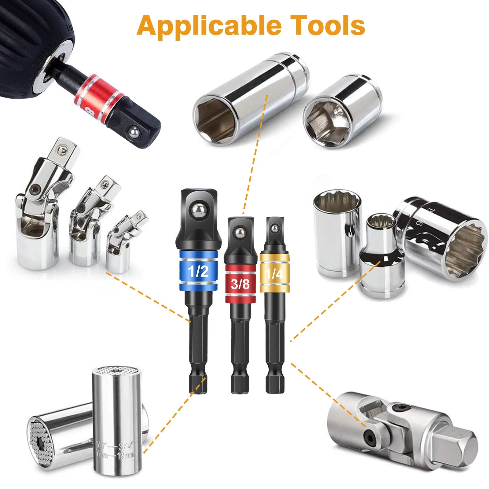 4Pcs 105°Right Angle Drill Attachment Impact Grade Socket Adapter 1/4″ 3/8″ 1/2″
