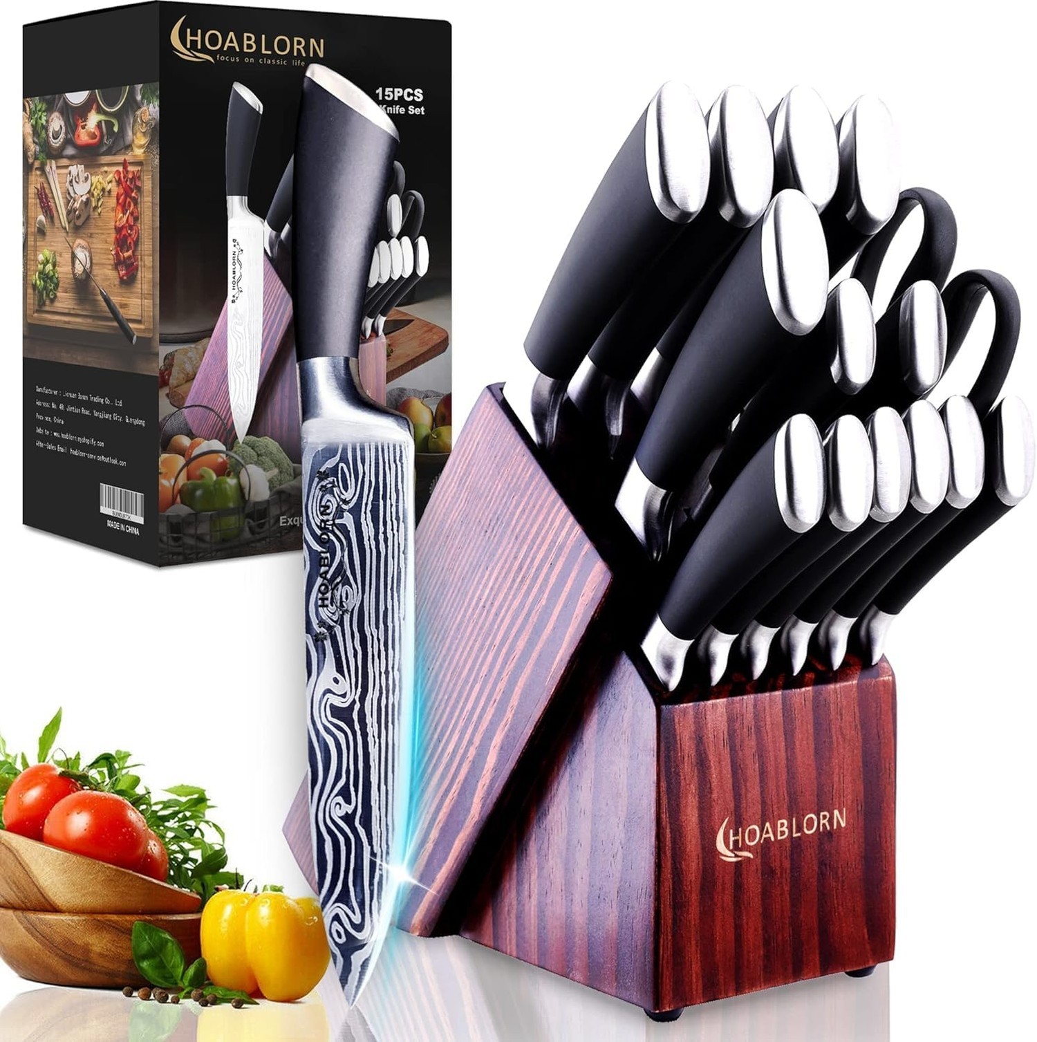 15pc Professional Stainless Steel Knife Set with Wooden Block – Damascus Knif…