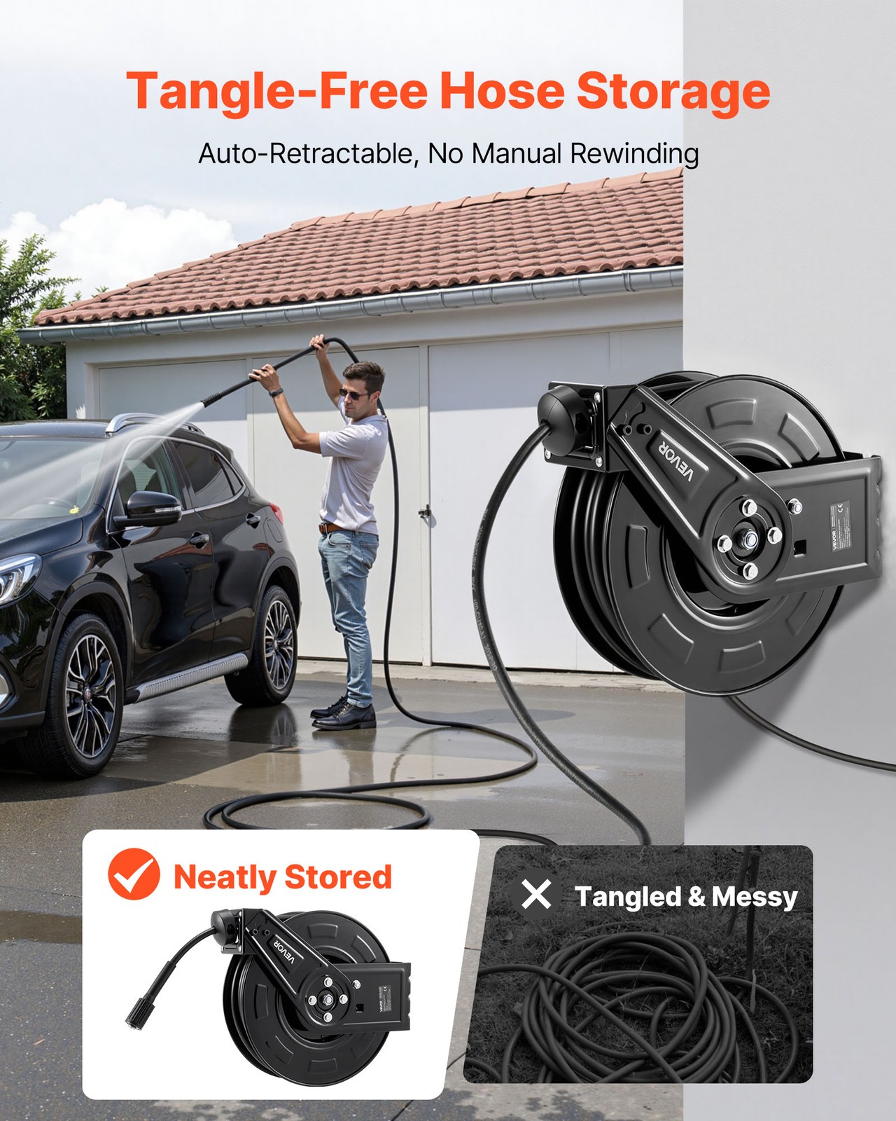 VEVOR Pressure Washer Hose Reel 60ft x 1/4in Retractable 4000PSI Auto-Rewinding